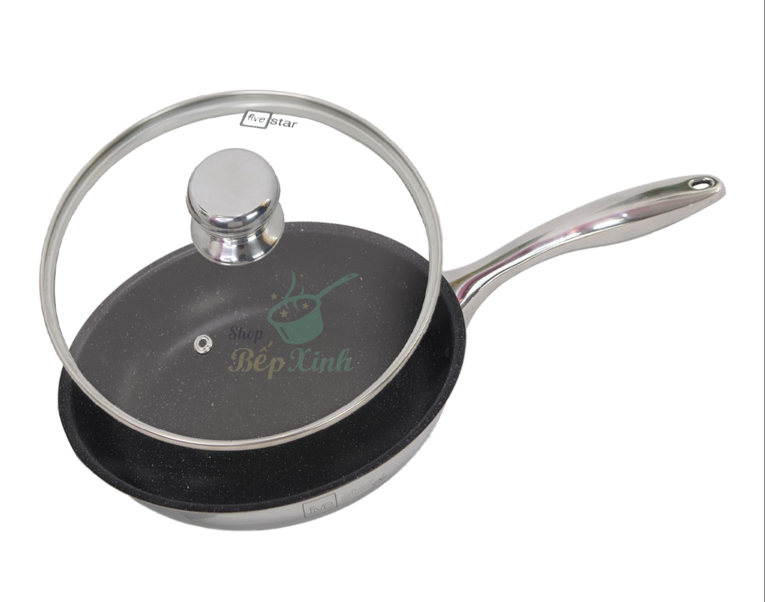 Chảo chống dính vân đá 3 lớp đáy liền inox 304 Fivestar Plus và nắp kính  (26cm)