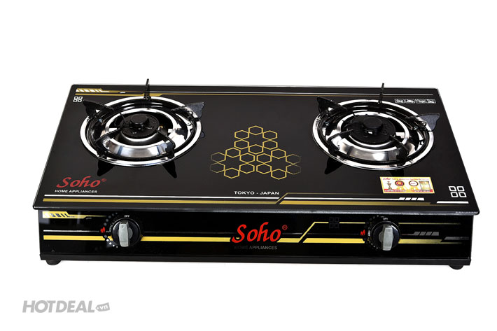 Bếp Gas Đôi Mặt Kính Điếu Hộp Inox 304 Sen Đồng Thau Đúc Nguyên Khối SOHO 880GLV, Thân Bếp Cao Nẹp Trước Bằng Kính