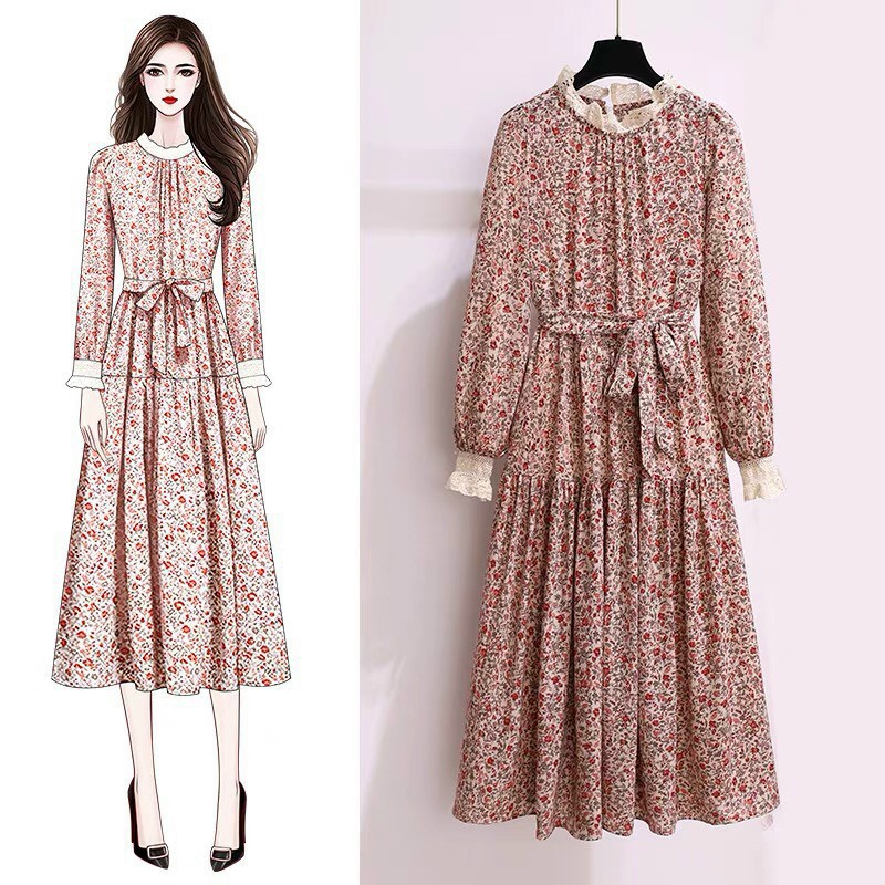 Váy bầu , đầm bầu thu đông thiết kế hoa nhí chất lụa mềm mại vintage - dáng xuông thoải mái kèm đai thắt nơ VM Mom