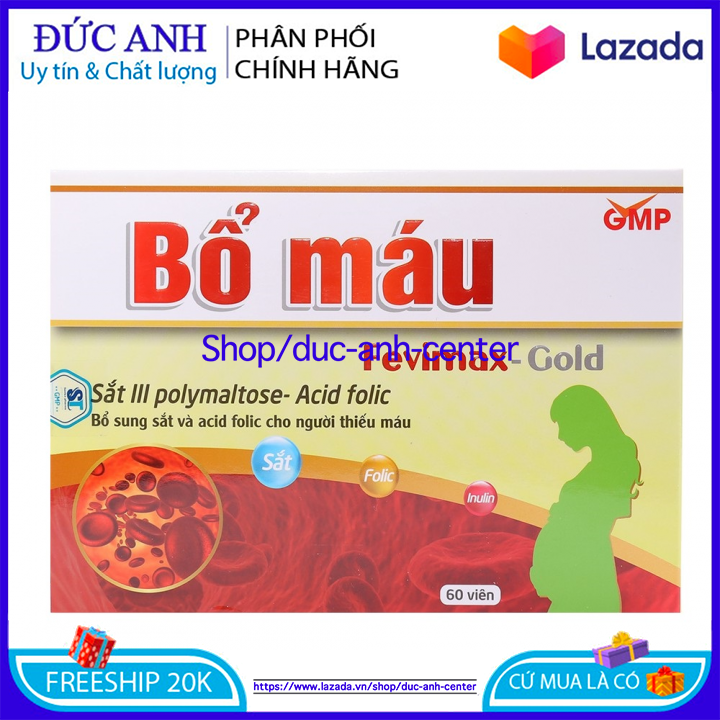 Viên uống Bổ máu Fevimax Gold bổ sung Sắt, Acid Folic cho người thiếu máu, phụ nữ mang thai và cho con bú hộp 60 viên