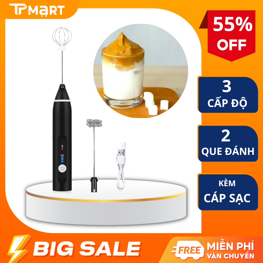 Máy đánh cafe cầm tay mini, Máy đánh trứng tạo bọt chạy điện sạc USB 3 tốc độ tiện lợi, Máy đánh bọt cà phê