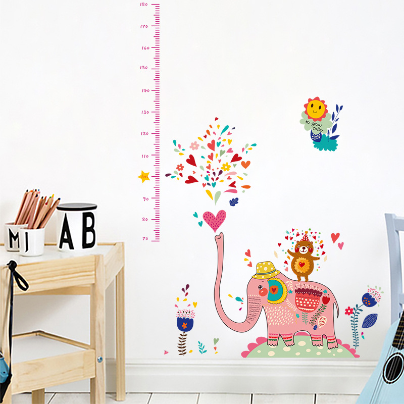 Decal dán tường thước đo chiều cao hình chú voi hồng kích thước 120x130cm