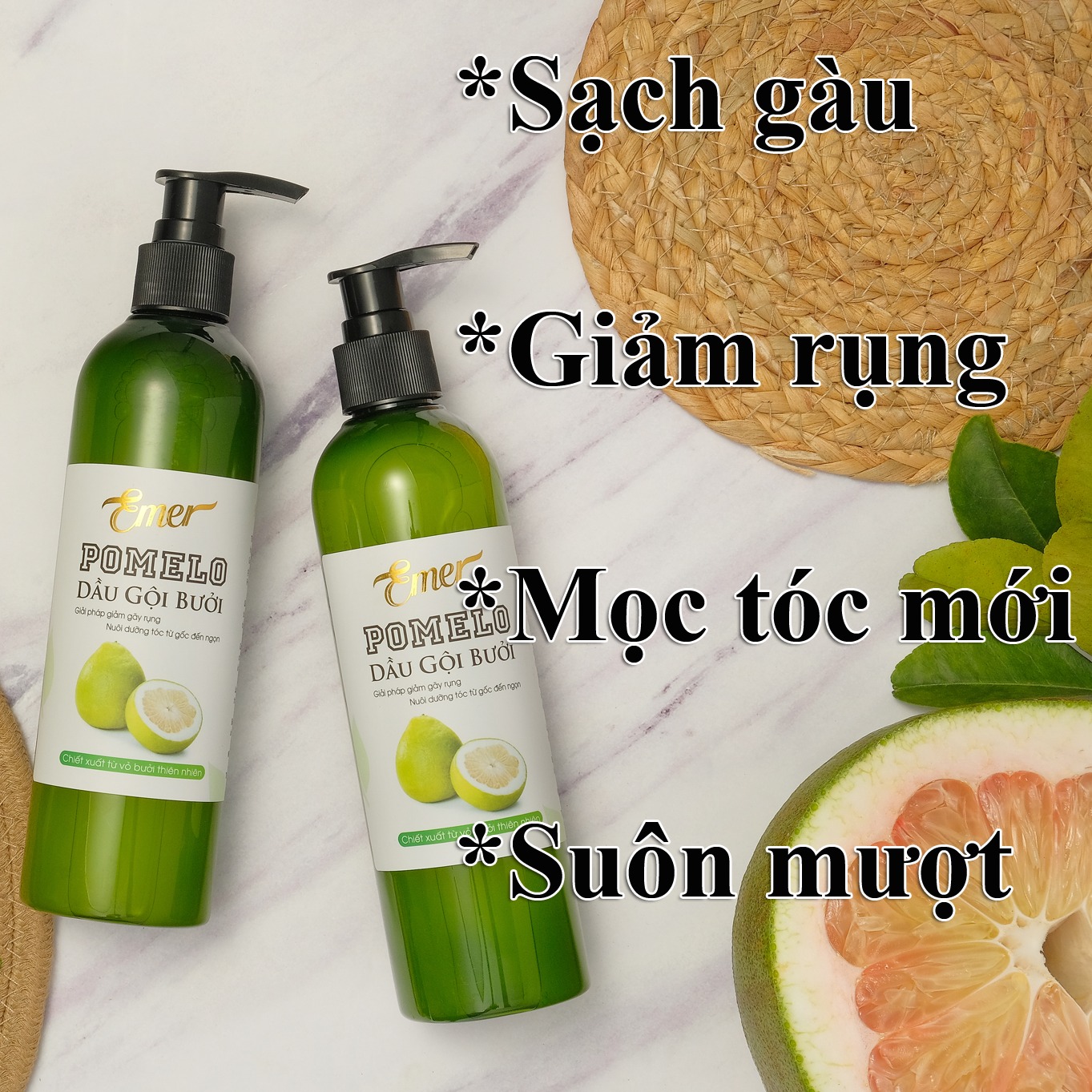 Bộ 2 chai Dầu gội bưởi kích mọc tóc Pomelo Emer (300ml x 2) làm sạch tóc và da đầu, giảm rụng tóc hiệu quả cho mái tóc luôn chắc khỏe và suôn mượt tự nhiên Học Viện Quân Y Việt Nam
