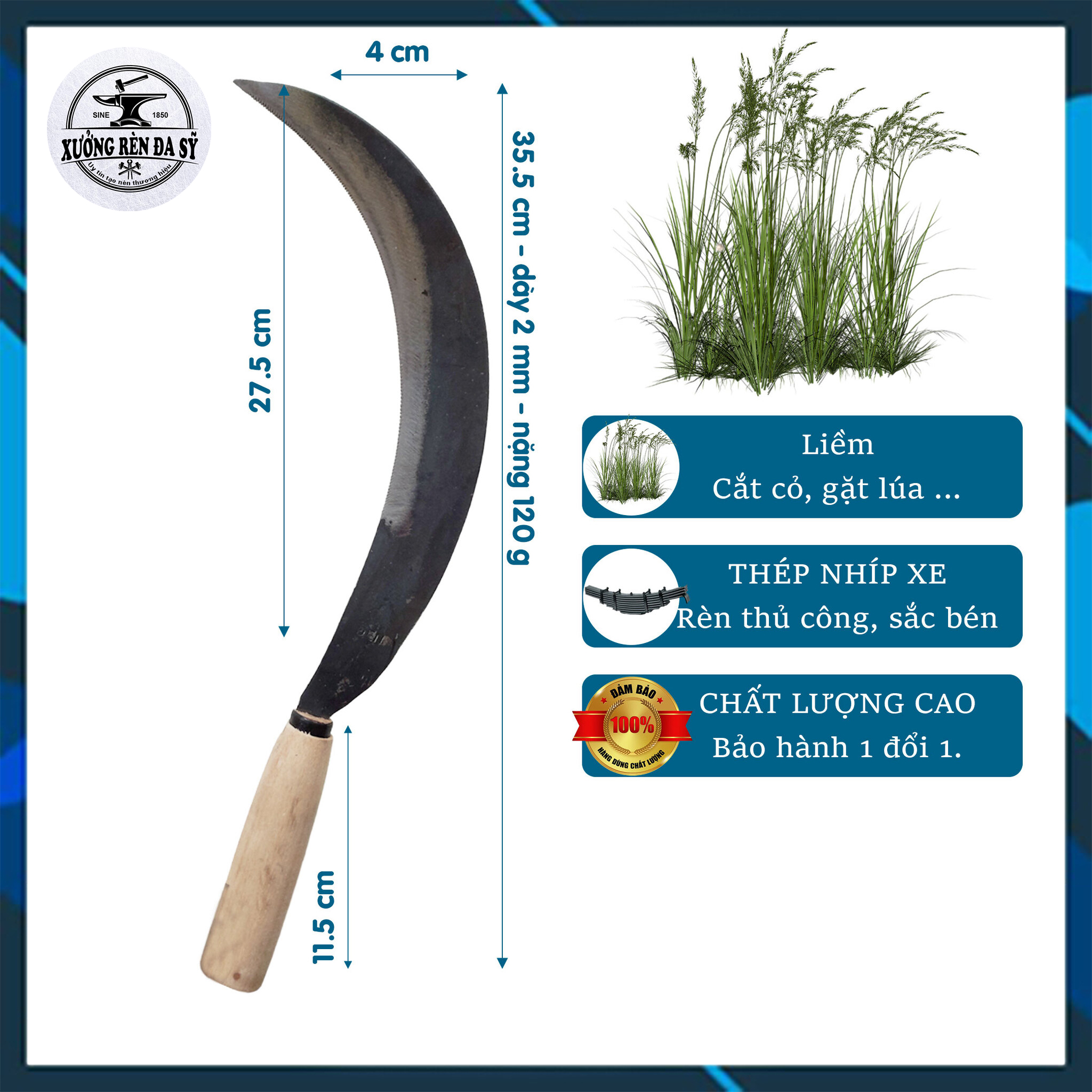 Liềm Cắt Cỏ, Phát Cỏ, Liềm Gặt Lúa Loại Tốt, Liềm Đa Sỹ Rèn Từ Thép Nhíp Xe Siêu Bền, Cán Gỗ Chắc Chắn