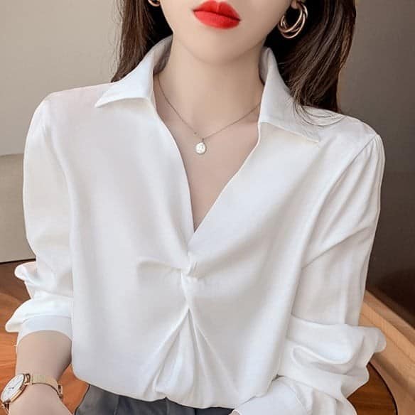 Áo sơ mi trắng dài tay thiết kế xoắn ngực cực xinh am10