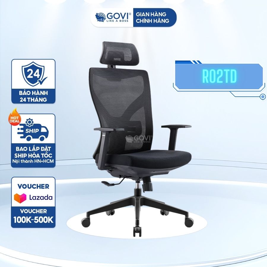 Ghế xoay văn phòng công thái học GOVI Ryan R02TD - Thiết kế tựa đầu điều chỉnh độ cao, tựa tay cố định, mâm ghế ngả sau, khóa ngả 1 vị trí