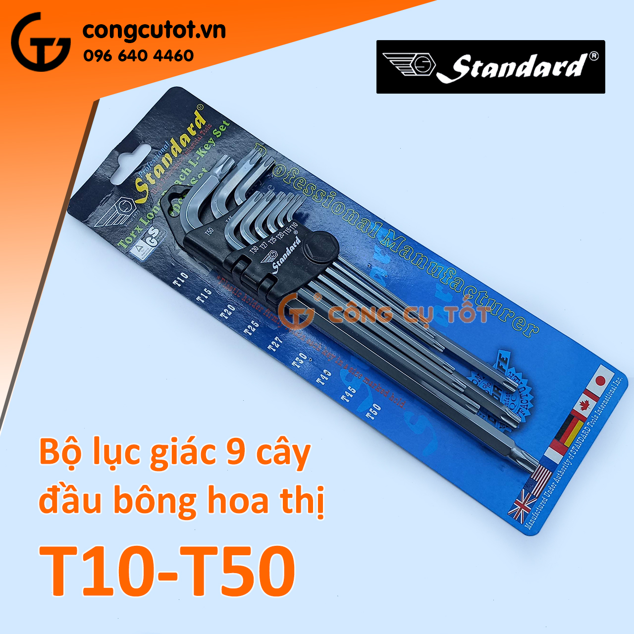 Bộ lục giác đầu bông Standard 9 cây T10-T50 dài 235mm