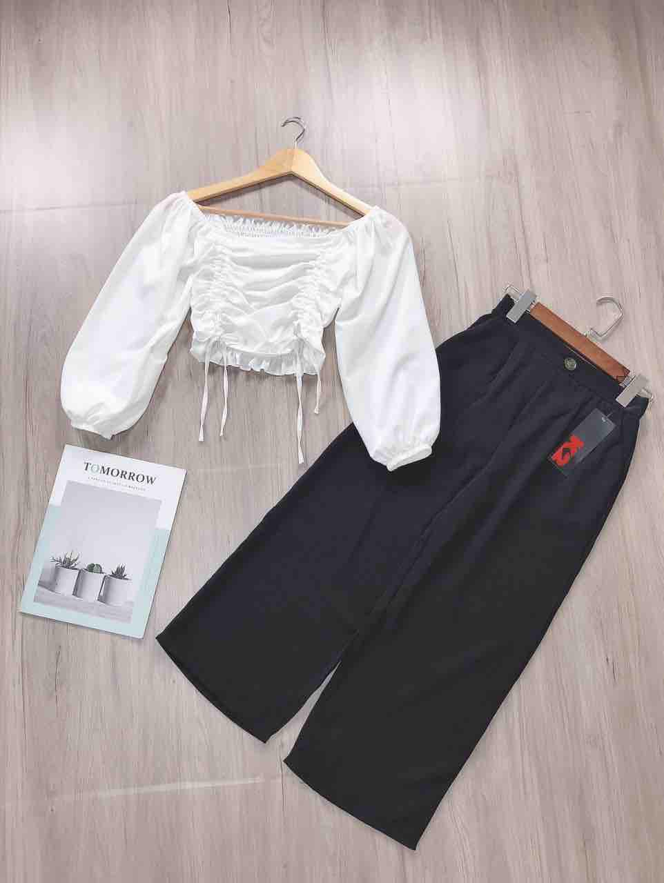 Set áo nhún lưng dây rút 2 bên và quần ống rộng trơn