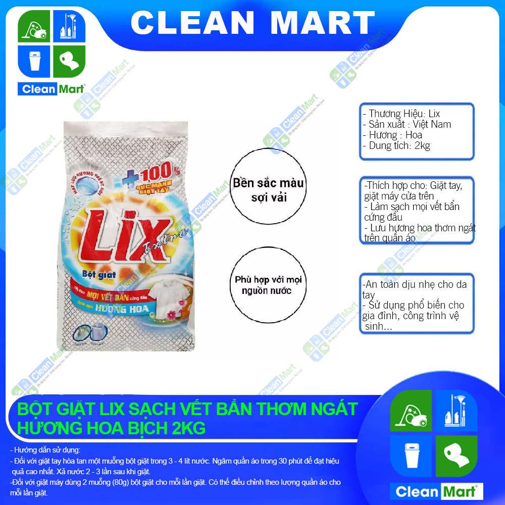 Bột giặt LIX Extra Hương Hoa 2kg Sáng Bóng Đánh Bay Mọi Vết Bẩn - CLEAN MART
