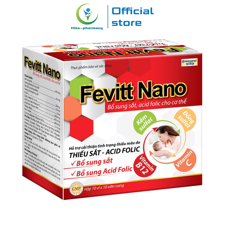 Viên uống bổ máu Fevitt Nano bổ sung Sắt, Acid Folic, giảm tình trạng thiếu máu - Hộp 100 viên