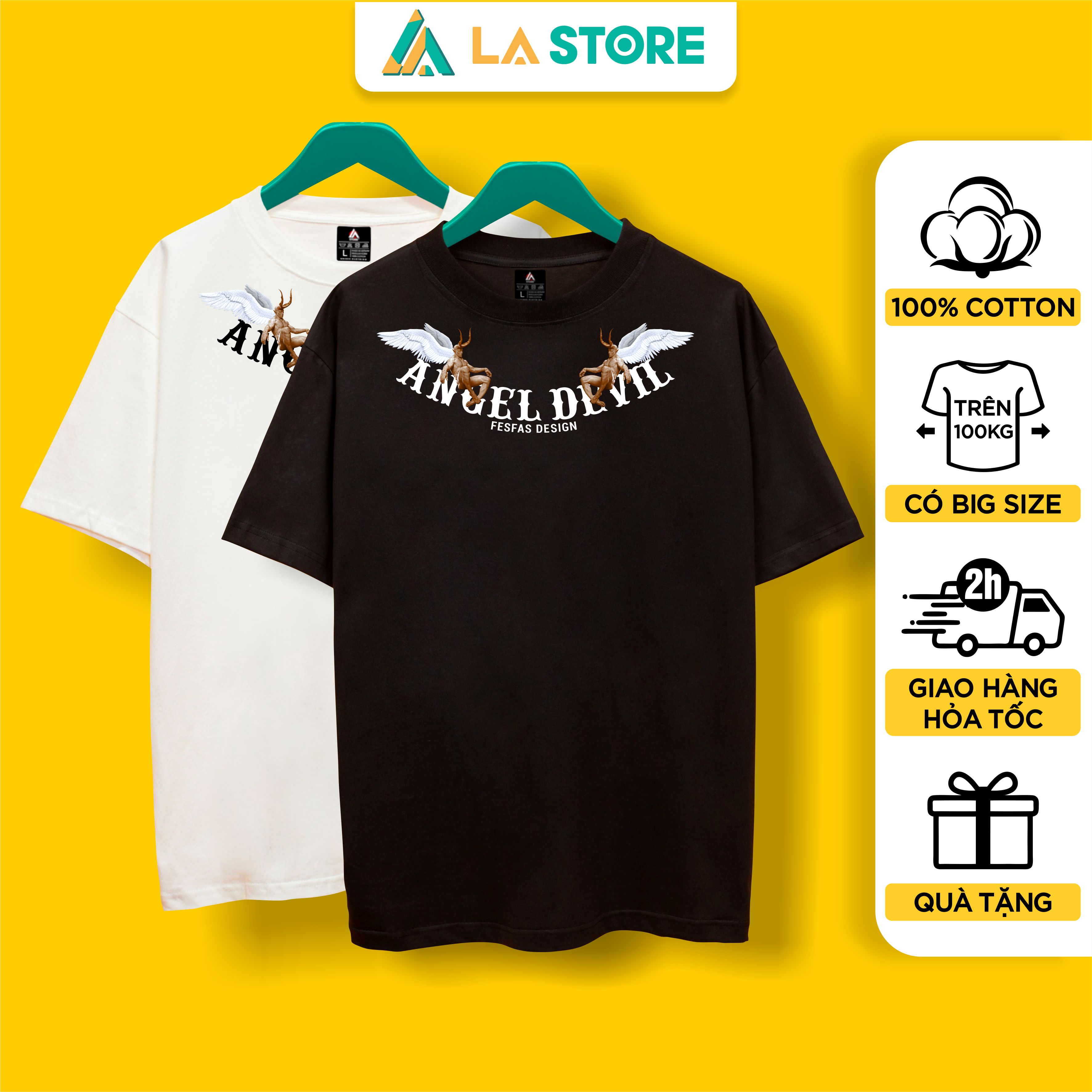 Áo thun unisex cotton angel devil form rộng tay lỡ nam nữ có big size | lạ store
