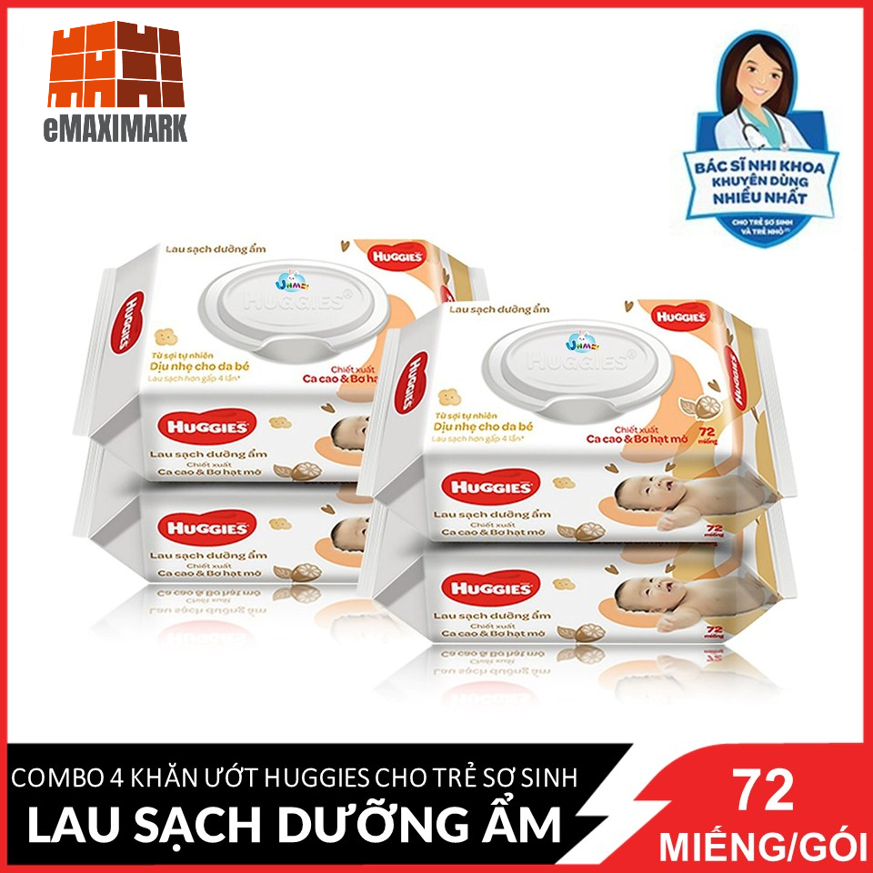 [HCM ship 2h] Combo 4 gói Khăn ướt Huggies [Nâu] dịu nhẹ cho trẻ sơ sinh chiết xuất Cacao và Bơ hạt mỡ 72 miếng/gói X4
