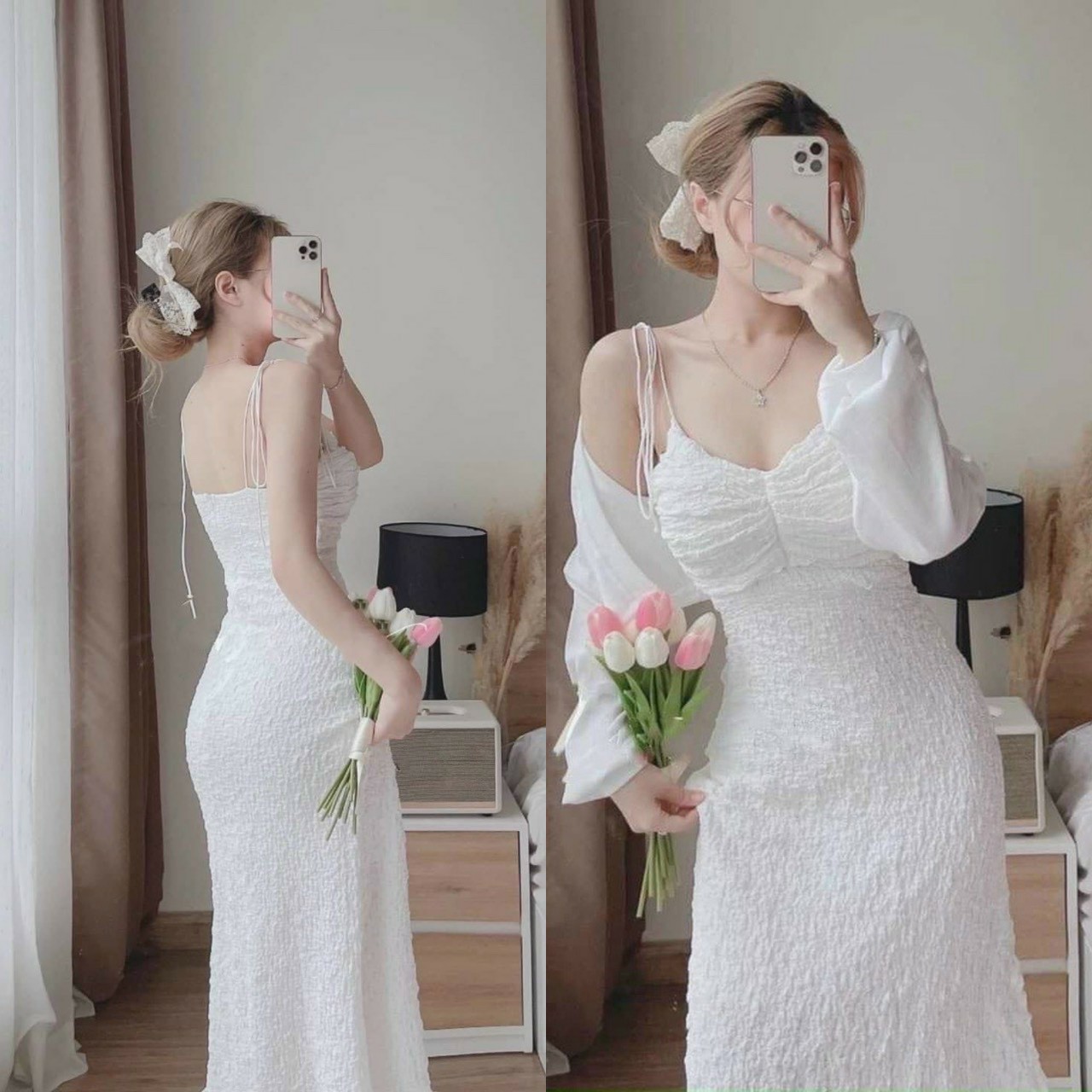Đầm xốp 2 dây kèm aó khoác lụa trắng tinh khôi body dáng suông sang chảnh thời trang nữ dự tiệc, dạo phố
