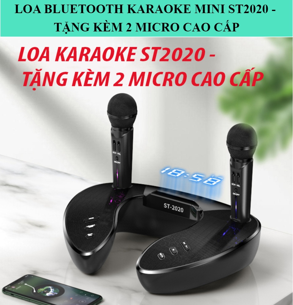 Loa Bluetooth Hát Karaoke ST2020 Kèm Micro, Bộ Loa Karaoke kèm 2 Micro ST-2020 CAO CẤP, Bass Trầm Cực Chuẩn Công Suất Lớn, Tích Hợp Phím Điều Chỉnh Trên Thân Micro Với Các Hiệu Ứng Âm Thanh.