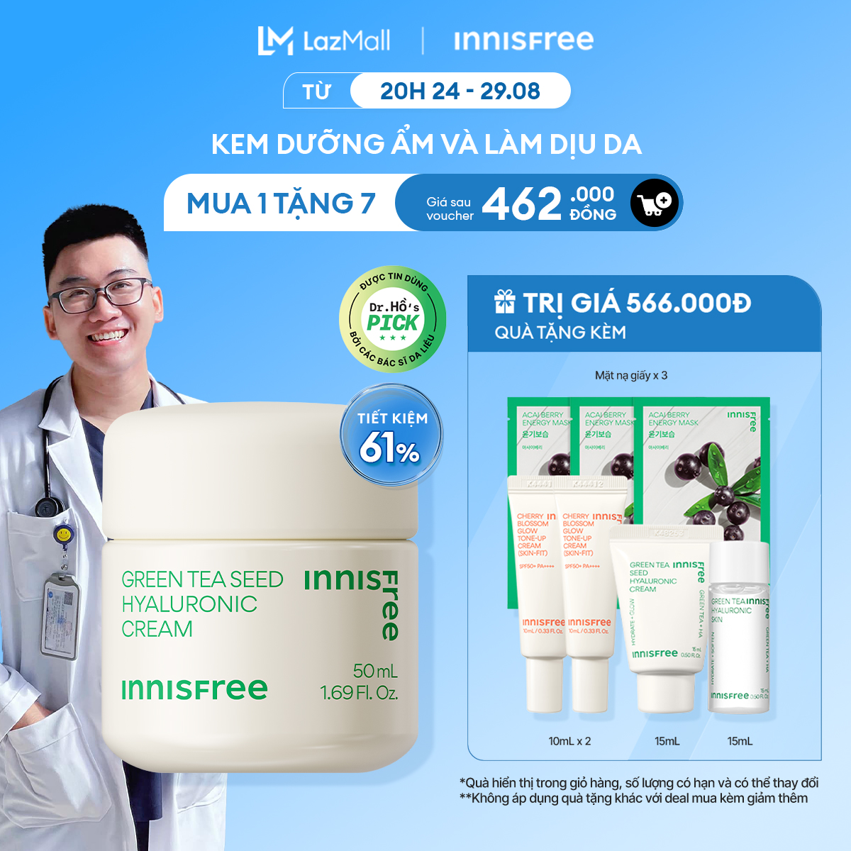 Kem dưỡng cung cấp ẩm từ trà xanh và dầu hạt trà xanh tươi INNISFREE Green Tea Seed Hyaluronic Cream