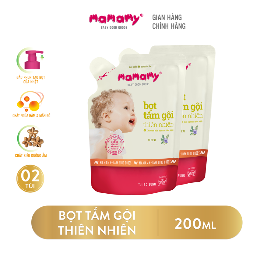 Combo 2 Túi bọt tắm gội thiên nhiên siêu kháng khuẩn dưỡng ẩm Mamamy Blueberry/Fancy/Floral/Rashberry 200ml