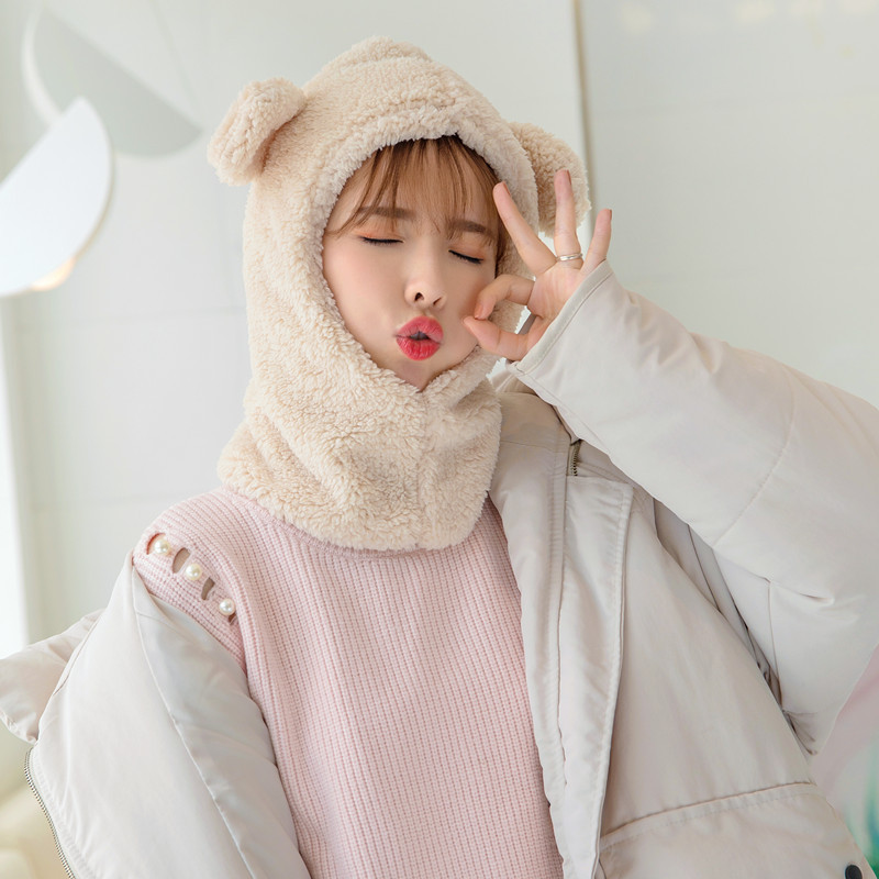 Mũ len nữ lông cừu liền khăn cổ tai gấu ấm áp mùa đông - mu len nu lien khan co