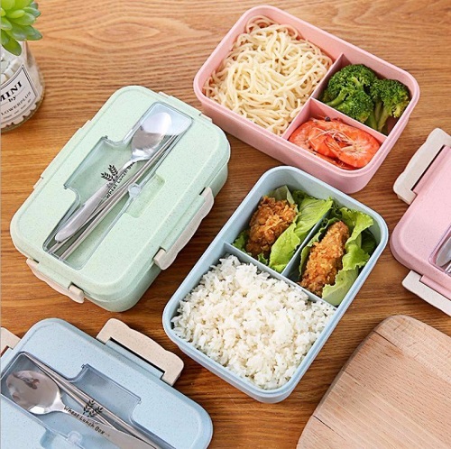 Hộp cơm lúa mạch 3 ngăn Nhựa - kèm muỗng đũa inox
