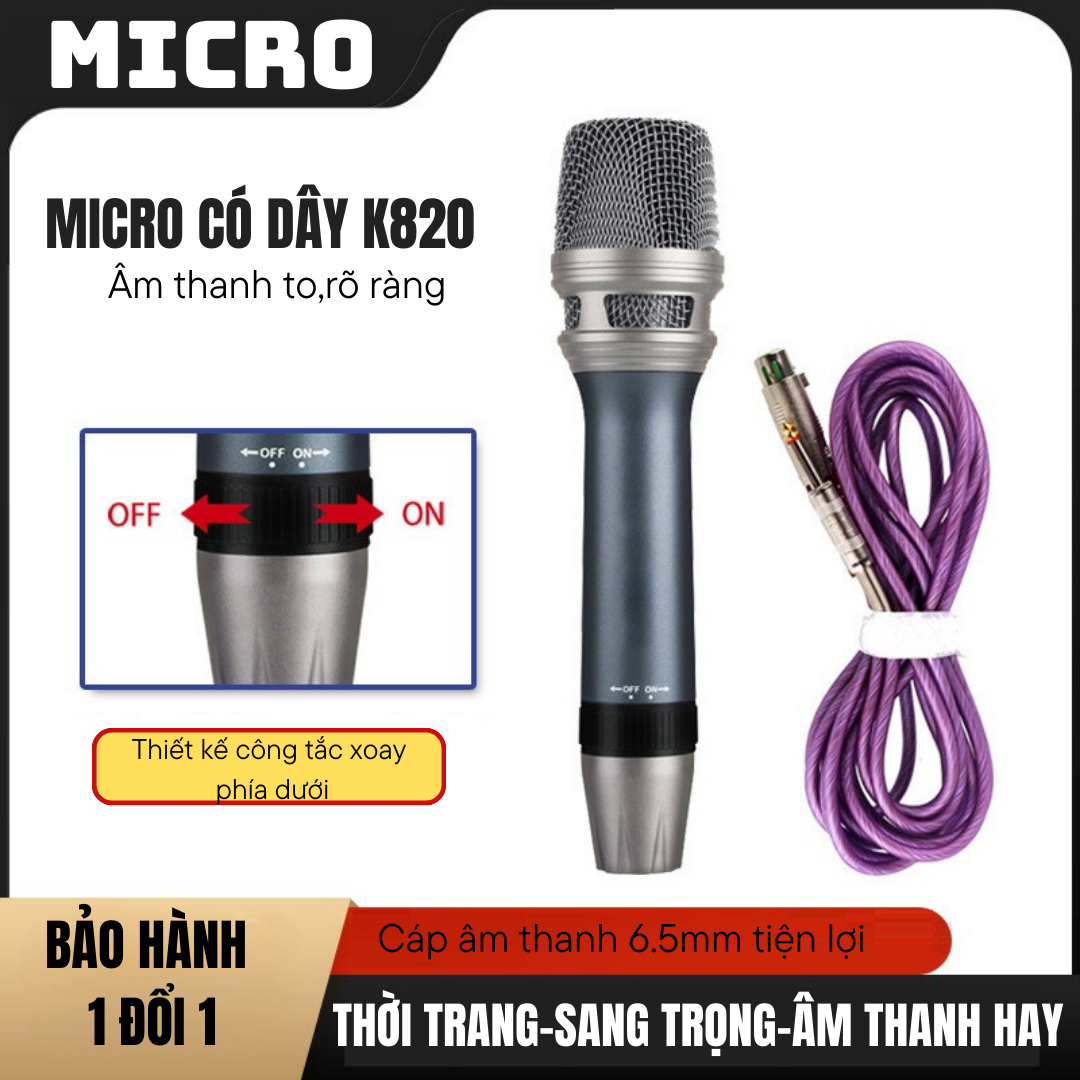 Micro có dây KAW micro hát karaoke model K820 dây dài khoảng 5m chất âm tốt bắt âm nhạy chống hú chống nhiễu tốt tương thích với nhiều thiết bị