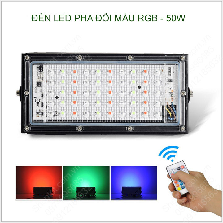 Đèn led pha đổi màu rgb 50w-220v có kèm điều khiển từ xa-remote