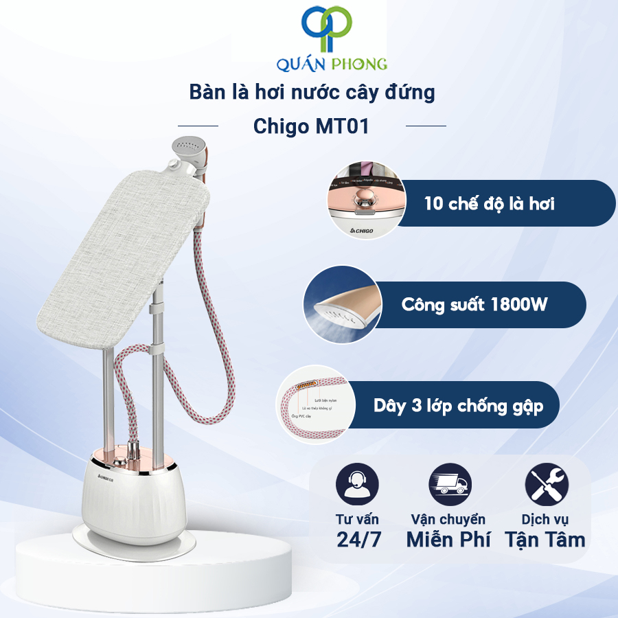 Bàn là hơi nước cây đứng chigo, bàn ủi zg-mt01 công suất 1800w, 2 thanh đỡ chắc chắn, 3 góc nghiêng, là ủi quần áo nhanh_bảo hành 12 tháng