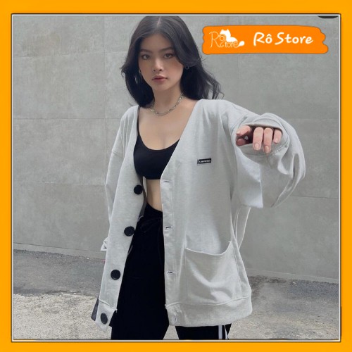 Áo khoác nỉ bông cardigan nữ form rộng unisex tay bồng logo thêu phong cách ullzang rô store ak02