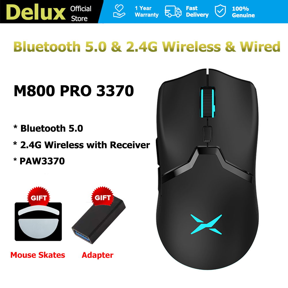 Delux Chuột Chơi Game Bluetooth M800 PRO PAW 3370 Chuột Không Dây DPI MAX 19000 RGB Chuột Chơi Game Nhẹ Có Thể Sạc Lại Chuột Chơi Game Có Dây Cho Máy Vi Tính Máy Tính Xách Tay Nút Lập Trình Kailh GM 8.0 Switch