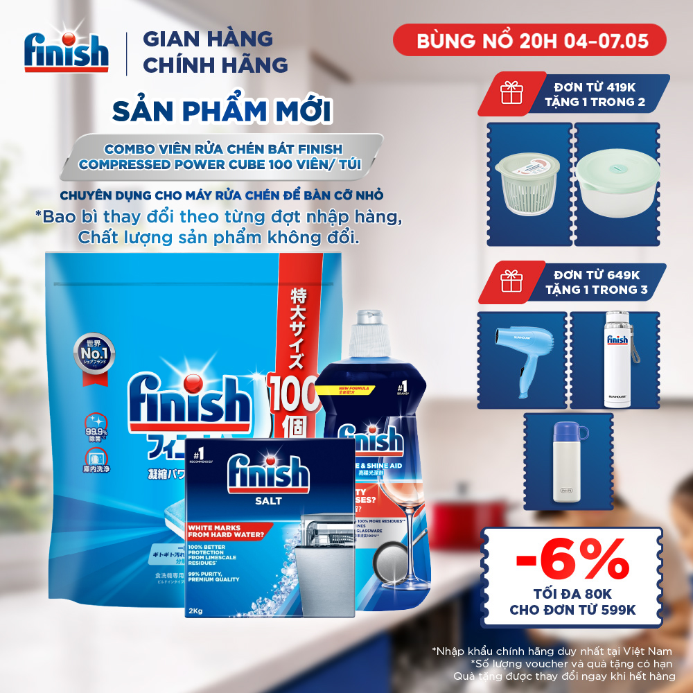 Combo Finish: Viên Rửa Chén Finish Nhật Bản Power Cube 100 Viên + Nước làm bóng Finish 500ml + Muối rửa chén 2kg