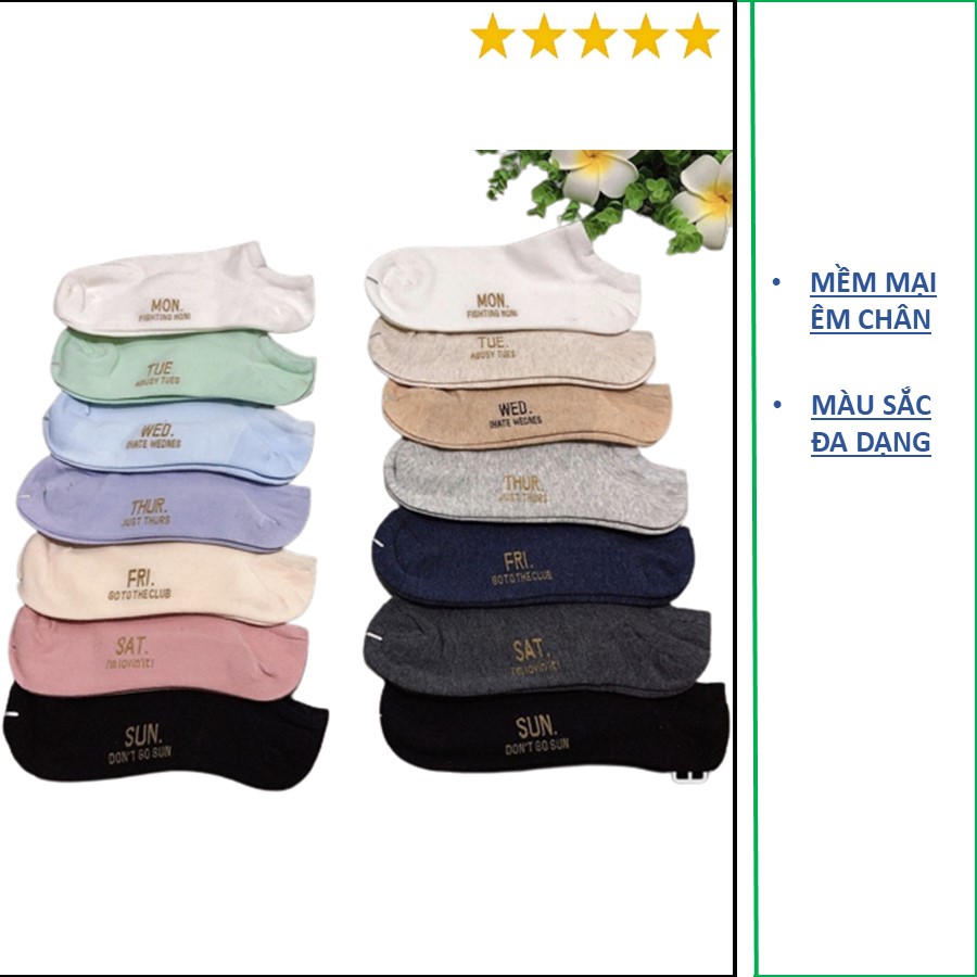 Tất nam cổ ngắn, tất nữ cổ ngắn, Tất vớ Nữ cổ ngắn cao cấp, tất vớ tuần 7 ngày 7 đôi,Combo 7 đôi tất nữ có in ngày trong tuần cực xinh, đi cả tuần không sợ nhầm, vớ lười thích hợp cho mọi loại giày