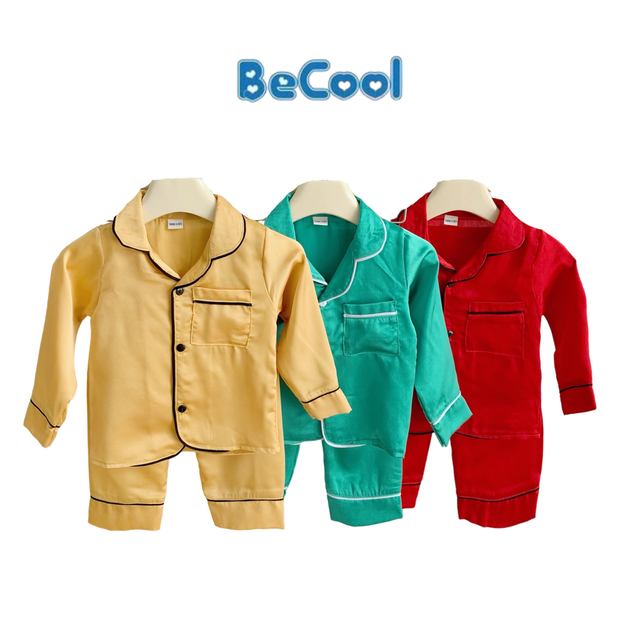 Bộ pizama lụa trơn dài becool, bộ pizama lụa trơn dài cho bé từ 8 - 27kg