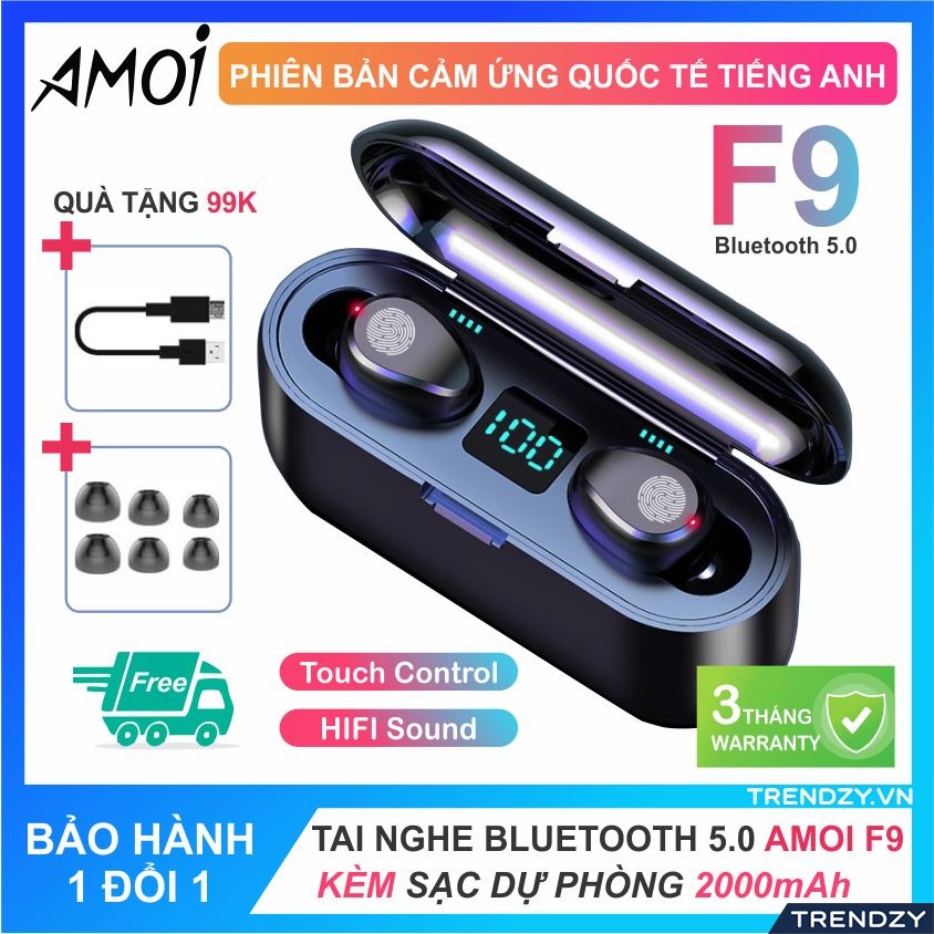Tai Nghe Bluetooth AMOI F9 Pro Quốc Tế Nút CẢM ỨNG Bluetooth 5.0 hộp Sạc 2000 Mah Âm Thanh Sắc Nét, Tai Nghe Bluetooth Không Dây Amoi F9 Pin Trâu