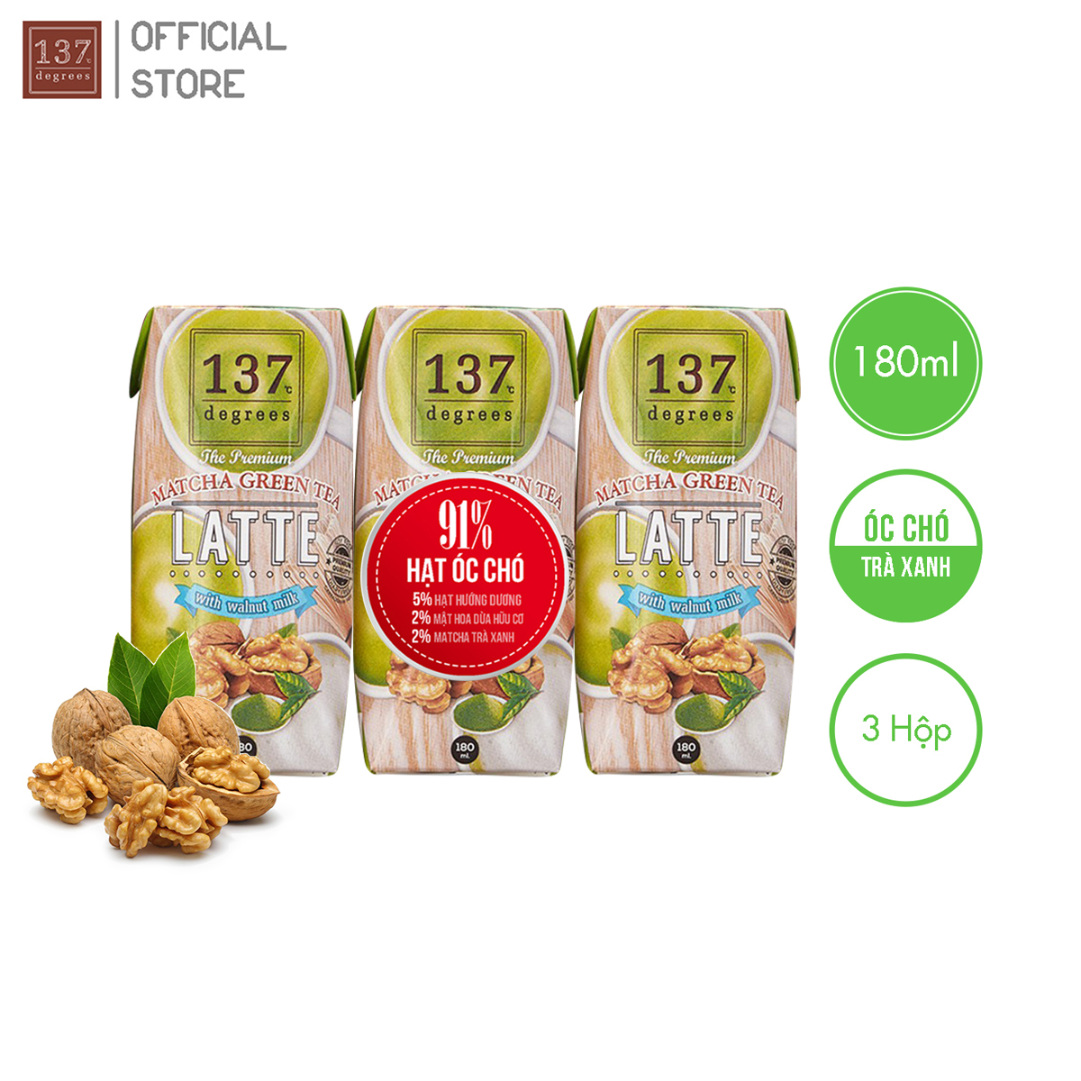 Sữa hạt 137 degrees óc chó trà xanh lốc 3 hộp 180ml