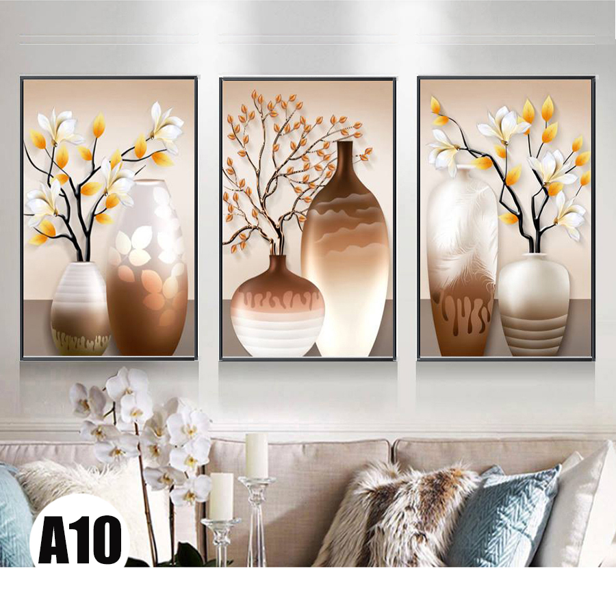 Bộ 3 bức tranh treo tường bình hoa, tranh canvas hiện đại