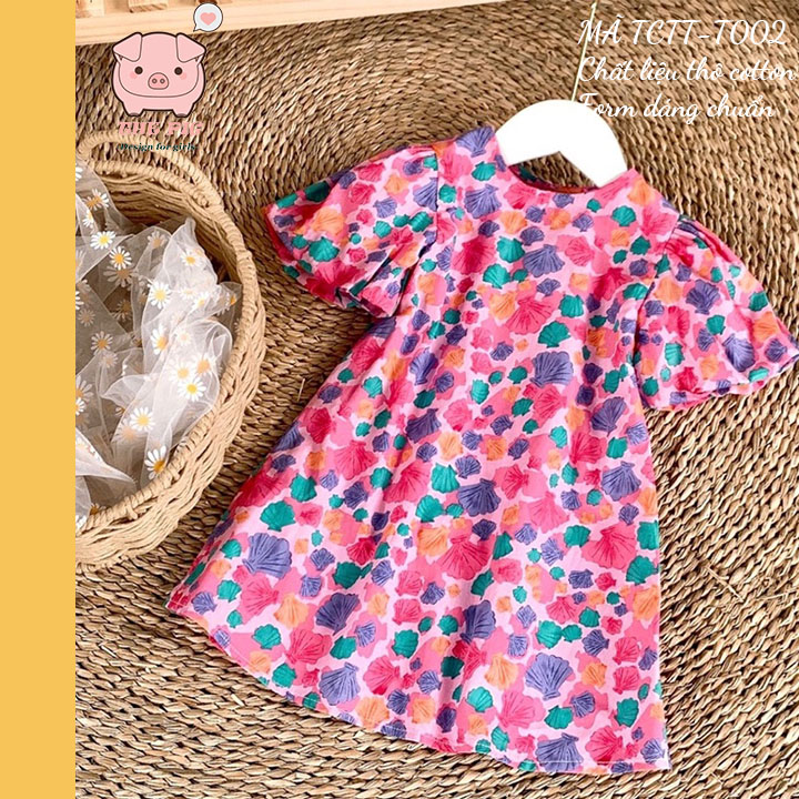 Váy bé gái, Đầm cho bé gái mùa Tết 1 tuổi đến 8 tuổi, Váy họa tiết sò hồng, chất liệu thô cotton mềm mát thấm hút mồ hôi phù hợp bé 1 tuổi, 2 tuổi, 3 tuổi, 4 tuổi, 5 tuổi, 6 tuổi, 7 tuổi, 8 tuổi