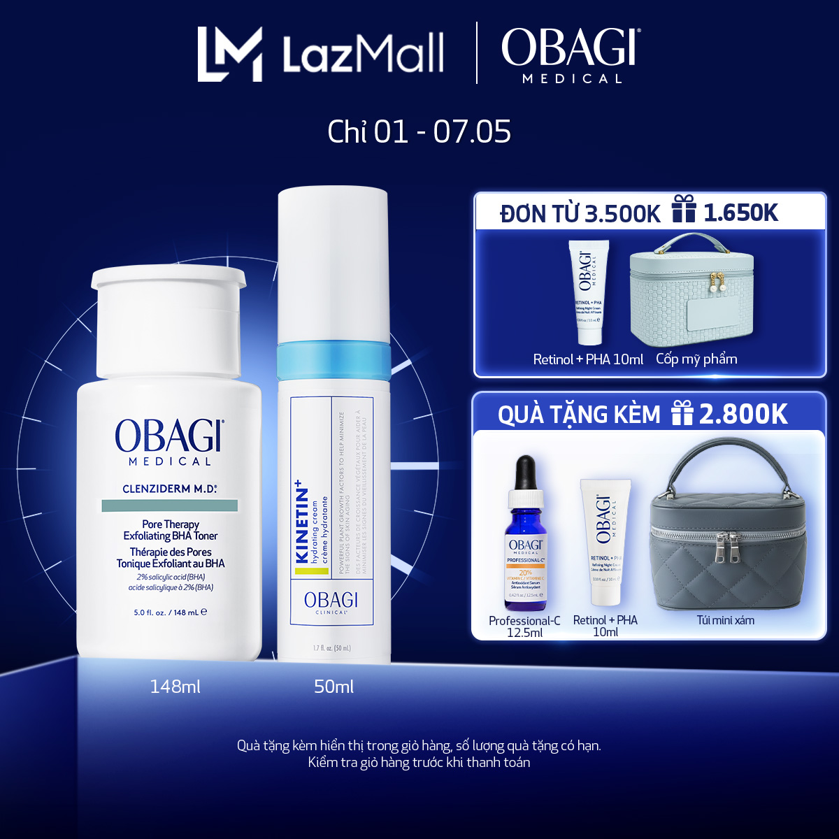 Bộ đôi dưỡng da Toner BHA làm sạch mụn và tẩy tế bào chết Obagi Medical Clenziderm M.D 148ml và Kem Dưỡng Phục Hồi Làm Dịu Da Obagi Clinical Kinetin+ Hydrating 50ml