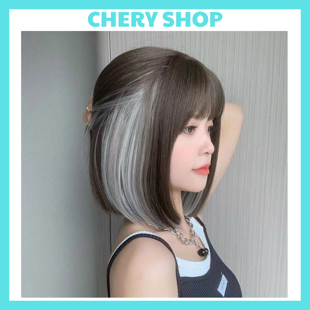 Tóc giả nguyên đầu vic nâu lạnh line xám khói tặng kèm lưới trùm wig cao cấp mã vic 3030 line xám