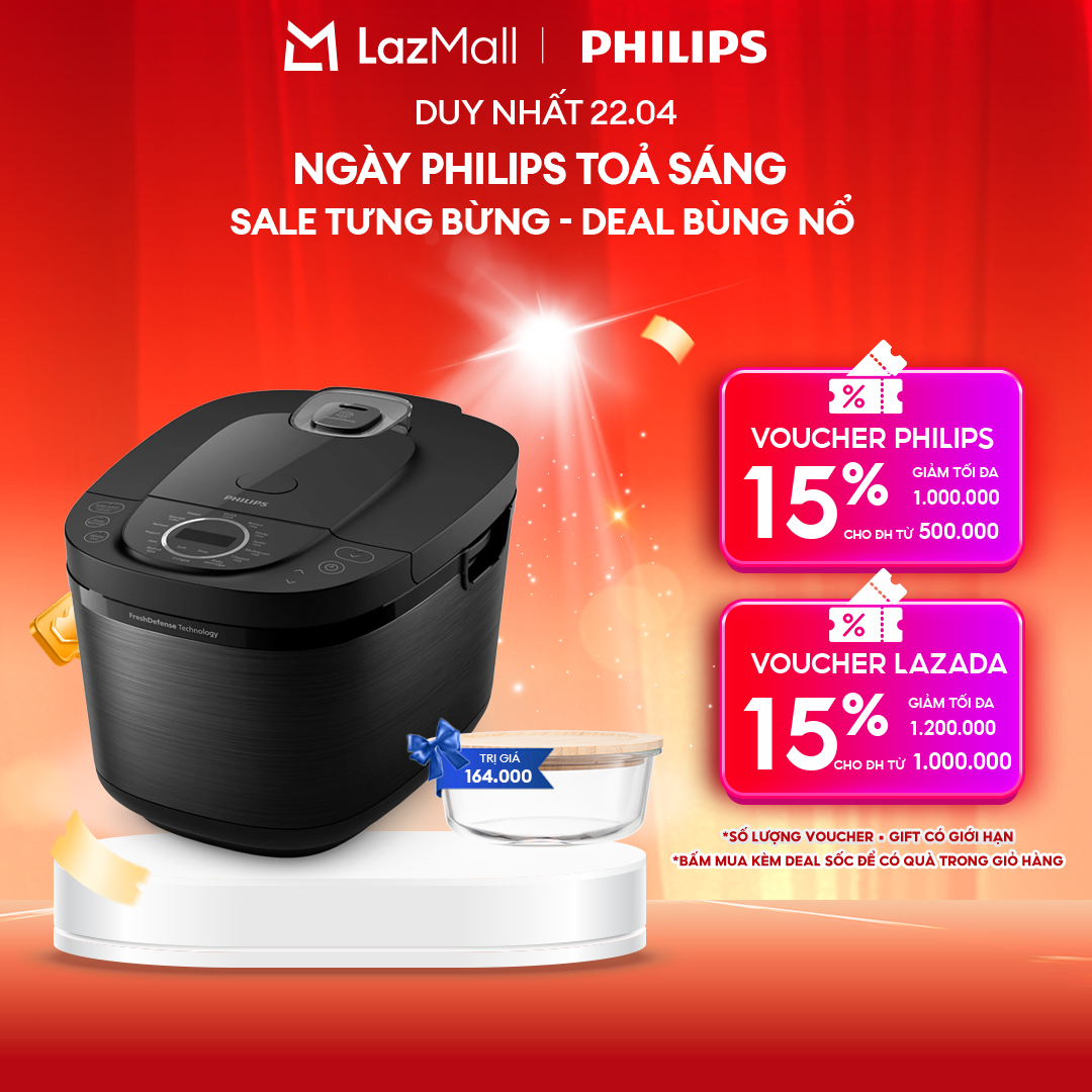 [NGÀY THƯƠNG HIỆU TỎA SÁNG DUY NHẤT 22.04] Nồi Cơm Điện Tử Philips HD4814/31 - Màu Đen -  1.8L - Công nghệ FreshDefense làm nóng 3D- Hàng Chính Hãng