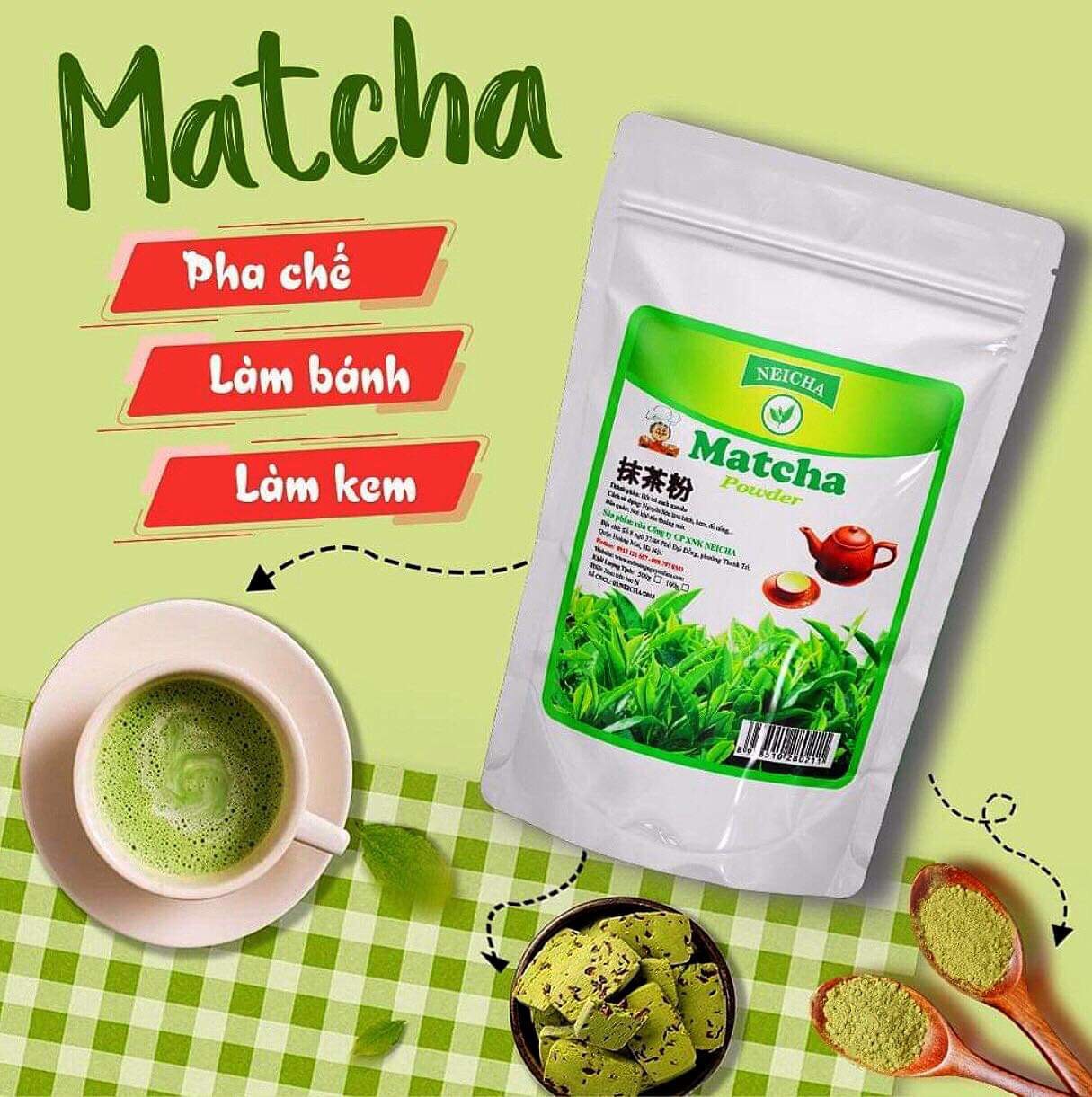 [Hàng Chính Hãng]Bột Matcha Neicha Đài Loan mũ trắng 100gr/ NGUYÊN LIỆU PHA CHẾ ĐỒ UỐNG, LÀM BÁNH, LÀM KEM thơm ngon hảo hạng.