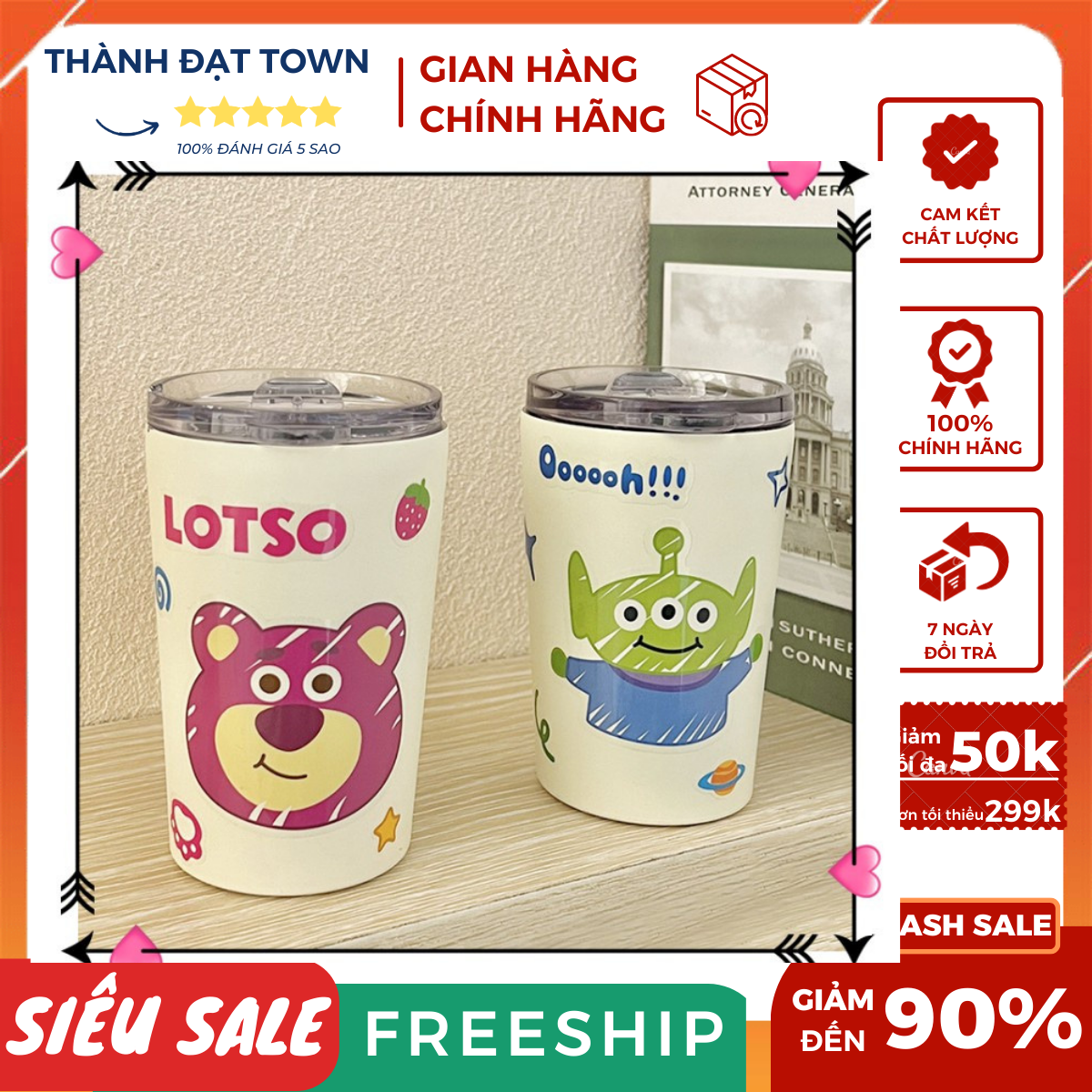 Ly Nước Giữ Nhiệt Stiker Dán Gấu Dâu, Gấu Pooh, Ba Mắt 300ml