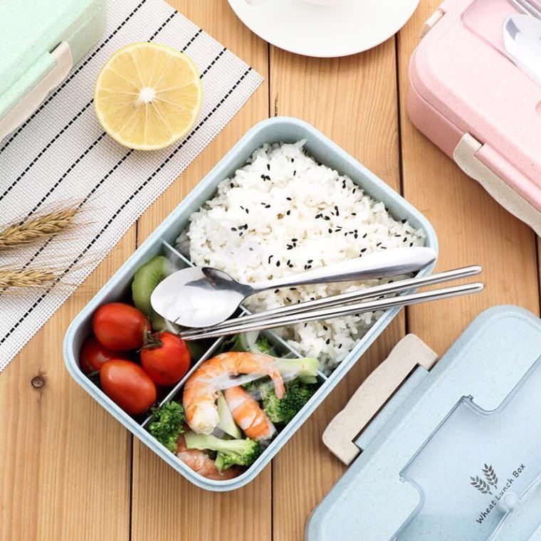 Hộp đựng cơm Lúa Mạch 3 ngăn, hộp cơm văn phòng Tặng Thìa và Đũa inox .ĐTVM