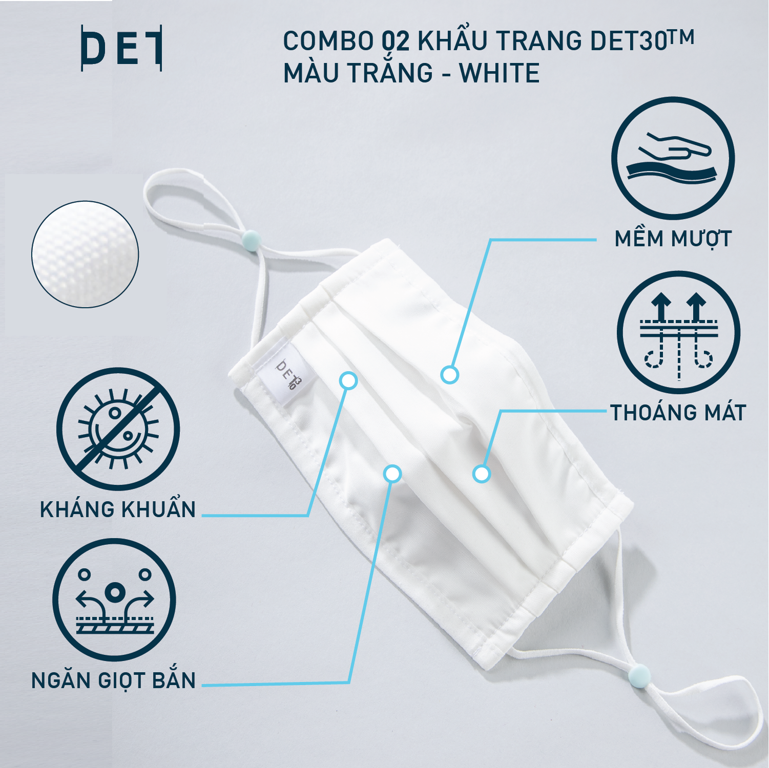 Combo 02 khẩu trang vải kháng khuẩn DETERMINANT - DET30™ màu White