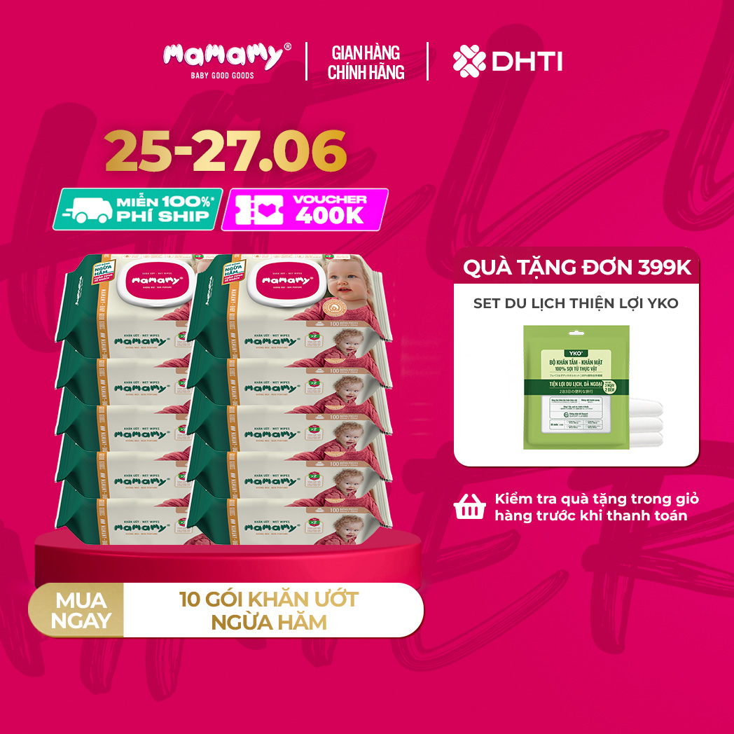 (Trợ Giá) Combo 10 Khăn giấy ướt 100 tờ có nắp chủ động ngừa hăm Mamamy