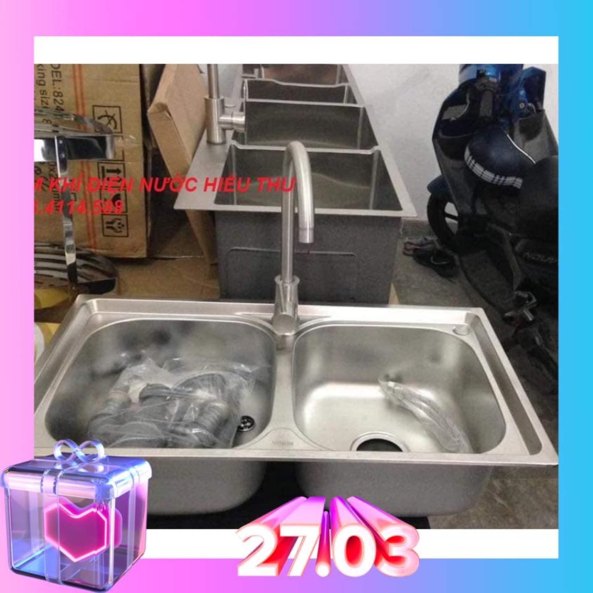 [COMBO] Chậu rửa bát giá rẻ 2 hố cân  inox 304 + VÒI RỬA BÁT đơn INOX 304 TẶNG DÂY CẤP