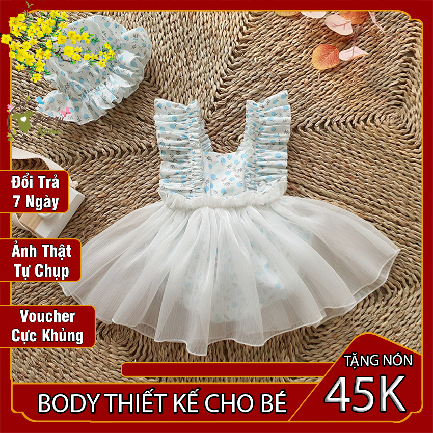 [𝗕𝗲𝘀𝘁 𝗦𝗲𝗹𝗹𝗲𝗿] Set váy body cho bé gái, trẻ sơ sinh từ 4-12 kg Body cánh tiên màu trắng hoa xanh TẶNG KÈM NÓN Chất liệu siêu mềm mát và an toàn CELIE BABY SHOP Cửa hàng quần áo trẻ em