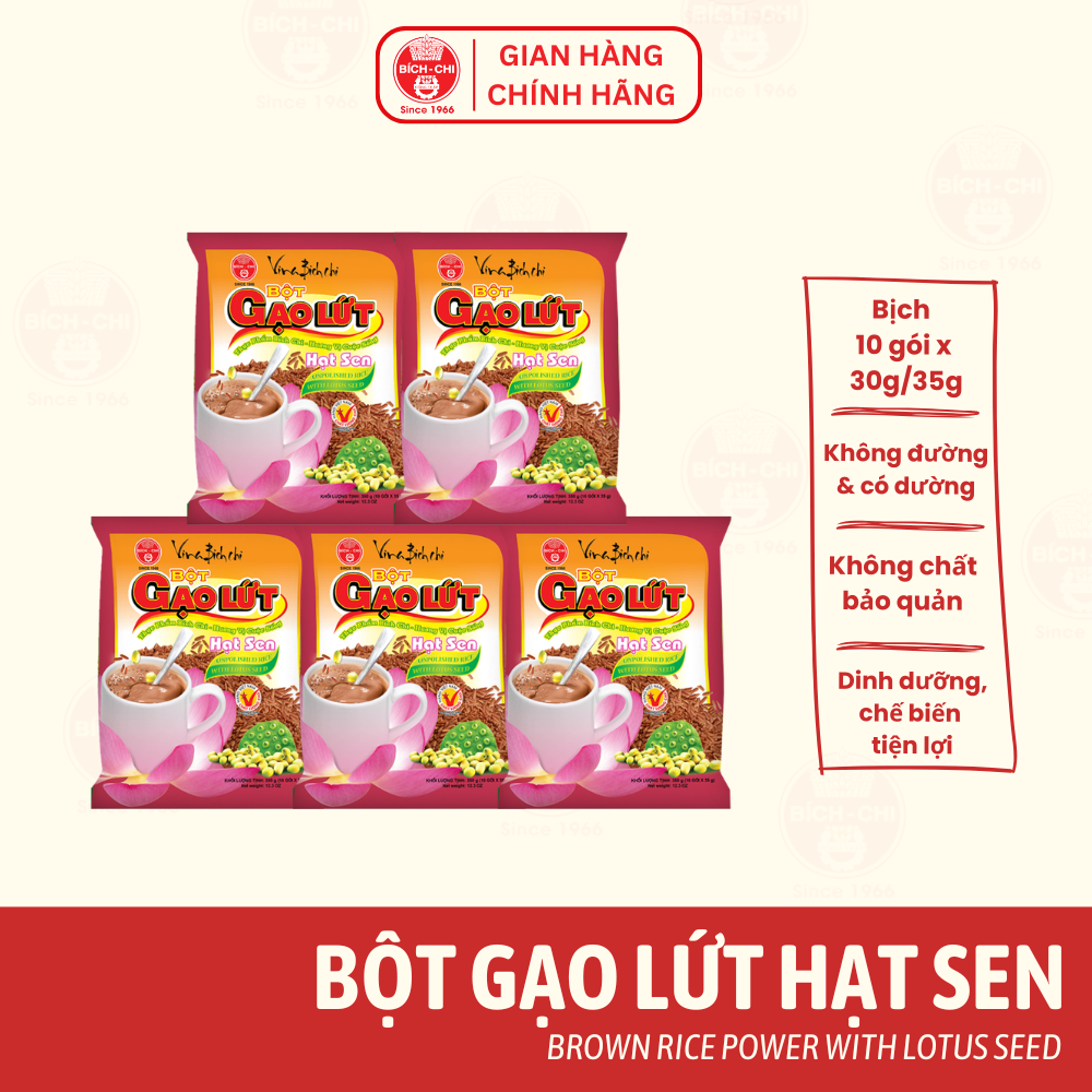 Combo 5 Bịch Bột Gạo Lứt Hạt Sen Bích Chi - Không Đường và Có Đường - Bịch 10 Gói Lẻ