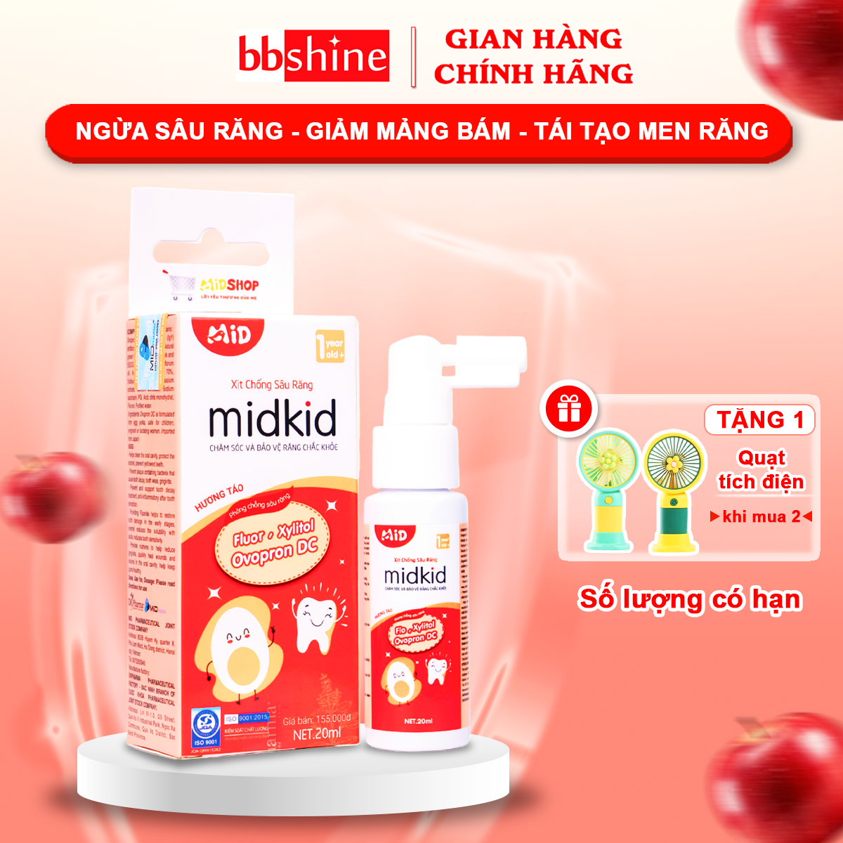 Xịt chống sâu răng cho bé hương táo đỏ BBShine, Xịt chống sâu răng Midkid chính hãng bảo vệ răng miệng của bé – I021