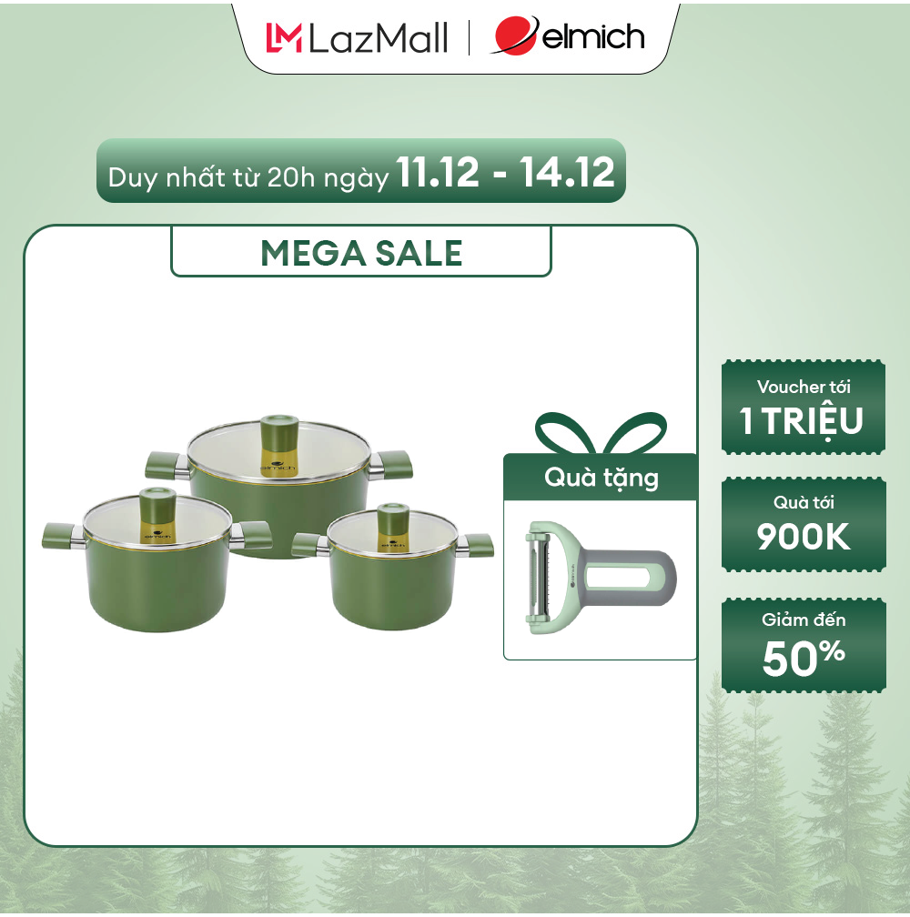 Sale năm mới- 01-03.0 Bộ nồi phủ sứ chống dính Elmich Olive Classic EL-5228OV03 size 18,20,24cm