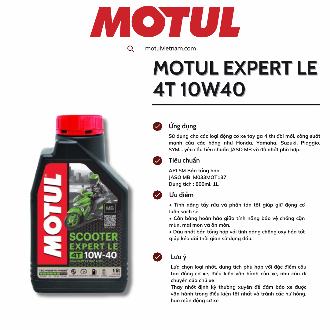 Dầu nhớt xe tay ga MOTUL EXPERT Le 10W40 SM MB Bán tổng hợp 800ml và 1L