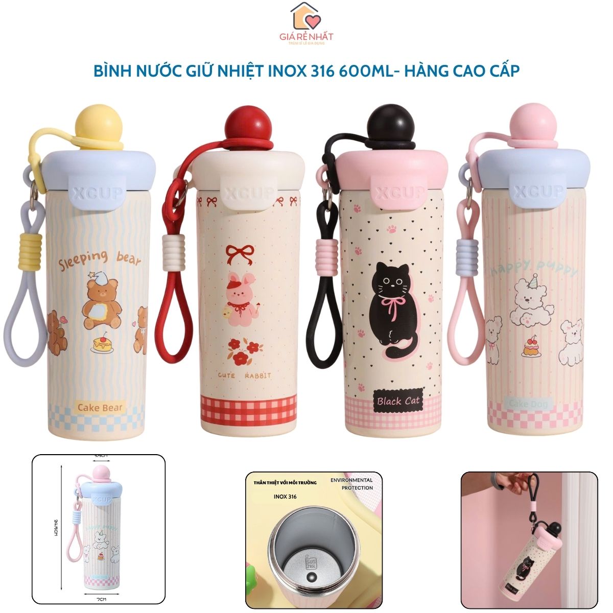  Ly Giữ Nhiệt Inox 316 Cao Cấp Dung Tích 600ml Có Nắp Đậy Ống Hút Chống Tràn Dây Đeo Tiện Lợi 