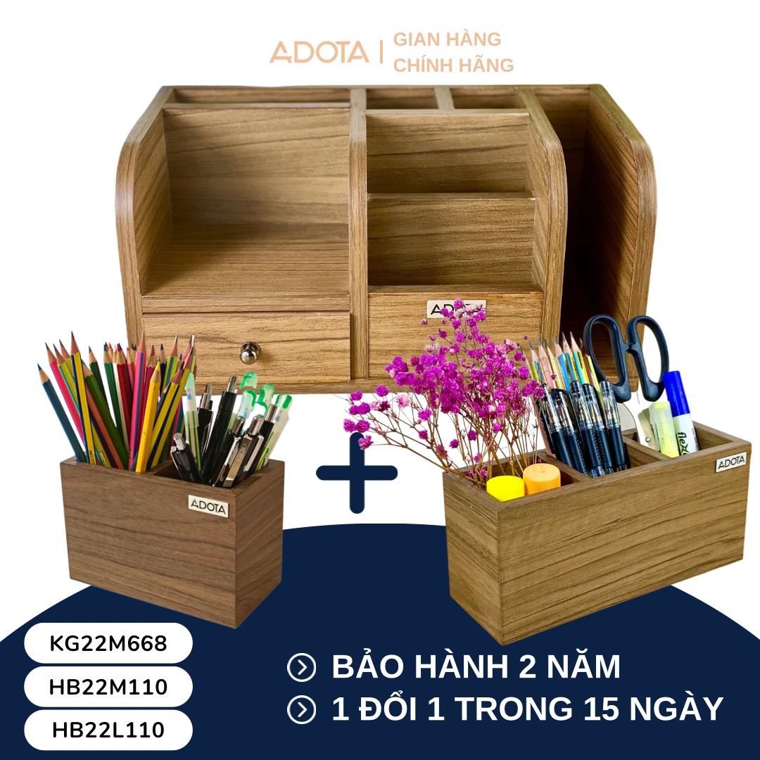 Combo: Kệ gỗ cao cấp, hộp cắm bút đôi và hộp cắm bút 3 ngăn để bàn làm việc phong cách hiện đại sang trong, siêu bền ADOTA